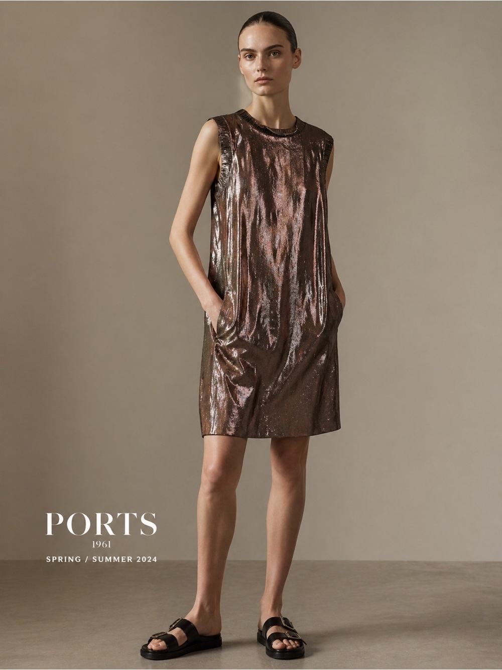 Ports 1961 Metallic Silk Dress Bronze Sleeveless Shift Pockets Minimalist Luxe